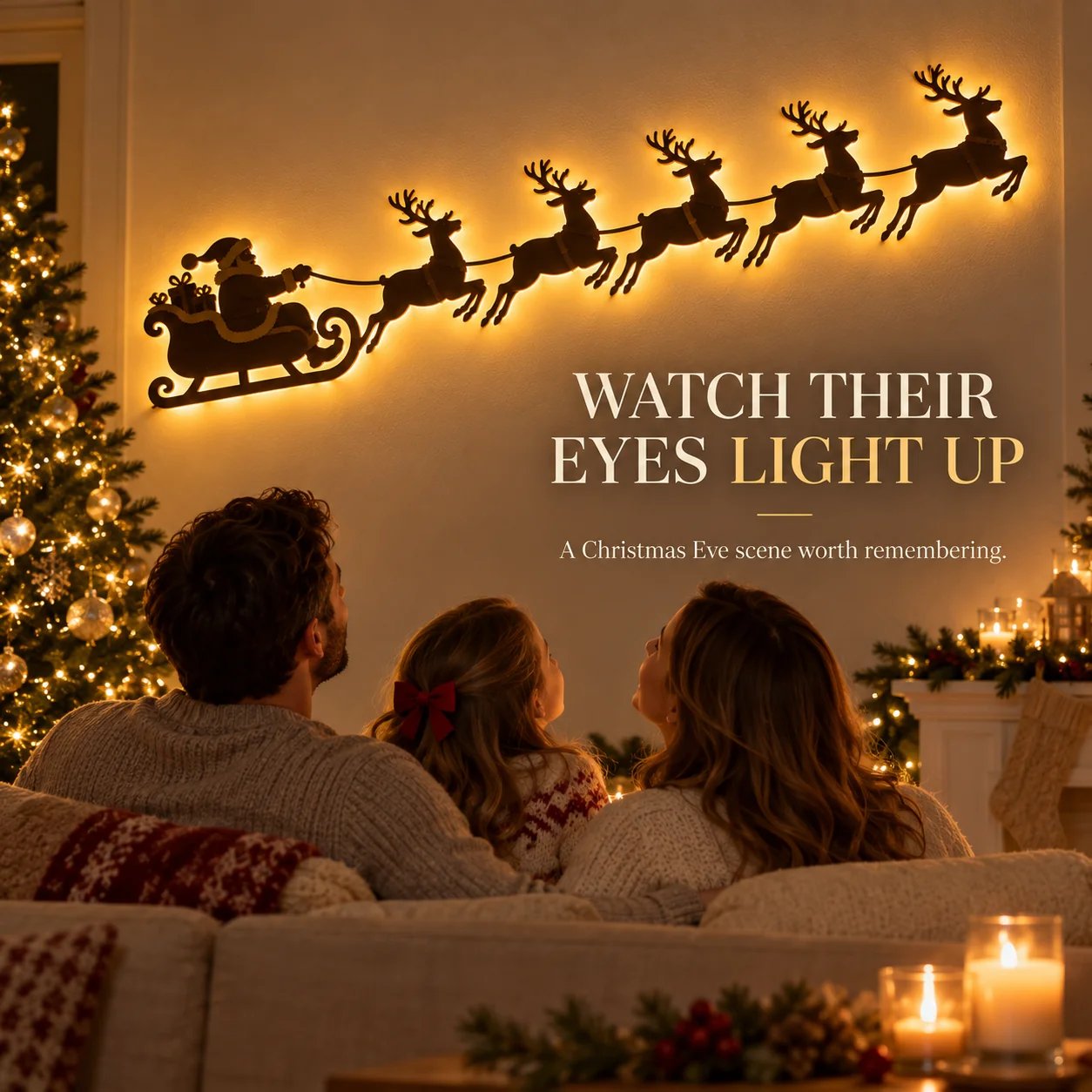 🦌 Santa Sleigh & 6 Reindeer LED Wall Display – Warm Christmas Glow