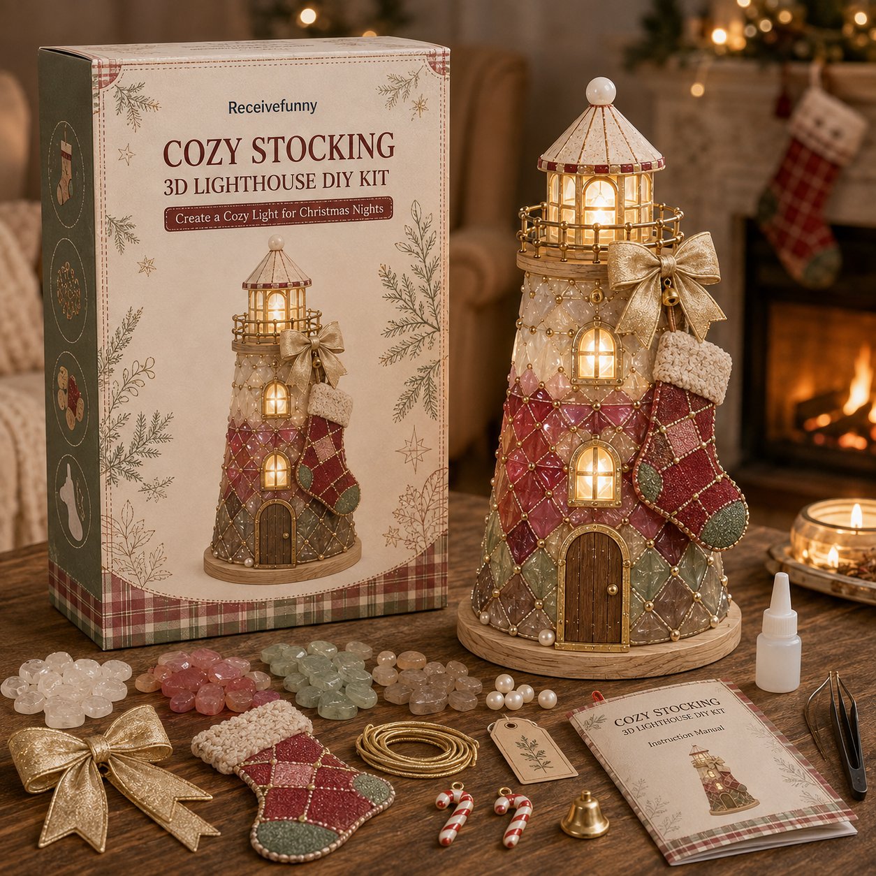 🎄Beginner-Friendly DIY Lighted Christmas Character Sea Glass-Style Lighthouse Kit Collection | Complete Kit with Sea Glass-Style Pieces, LED Lights & Step-by-Step Guide Included 💕
