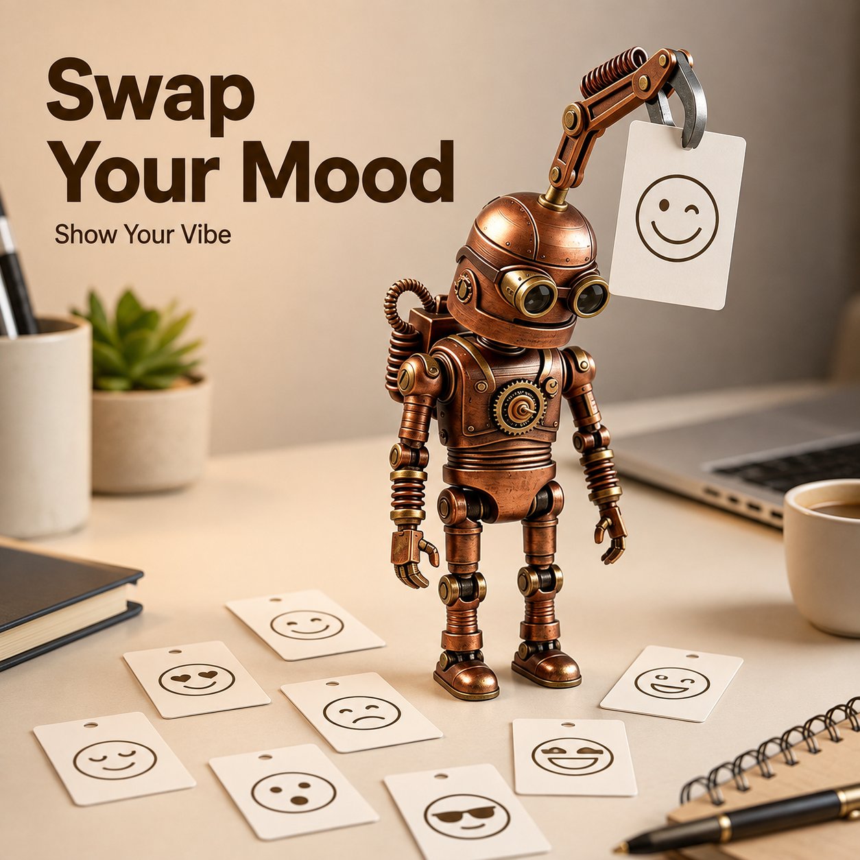 🤖 Steampunk Mood-Bot Desk Robot | Swapable Mood Card Desk Ornament For Office & Study Desktop Decor
