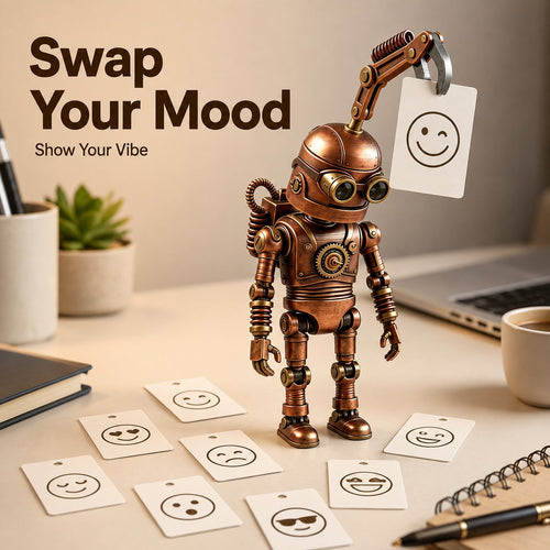 🤖 Steampunk Mood-Bot Desk Robot | Swapable Mood Card Desk Ornament For Office & Study Desktop Decor