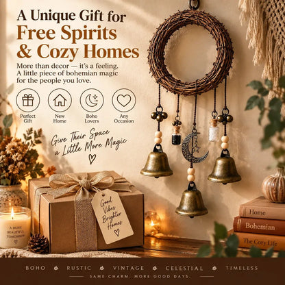 🌙🔔 Boho Moon & Bell Hanging Decor – Rustic Celestial Charm