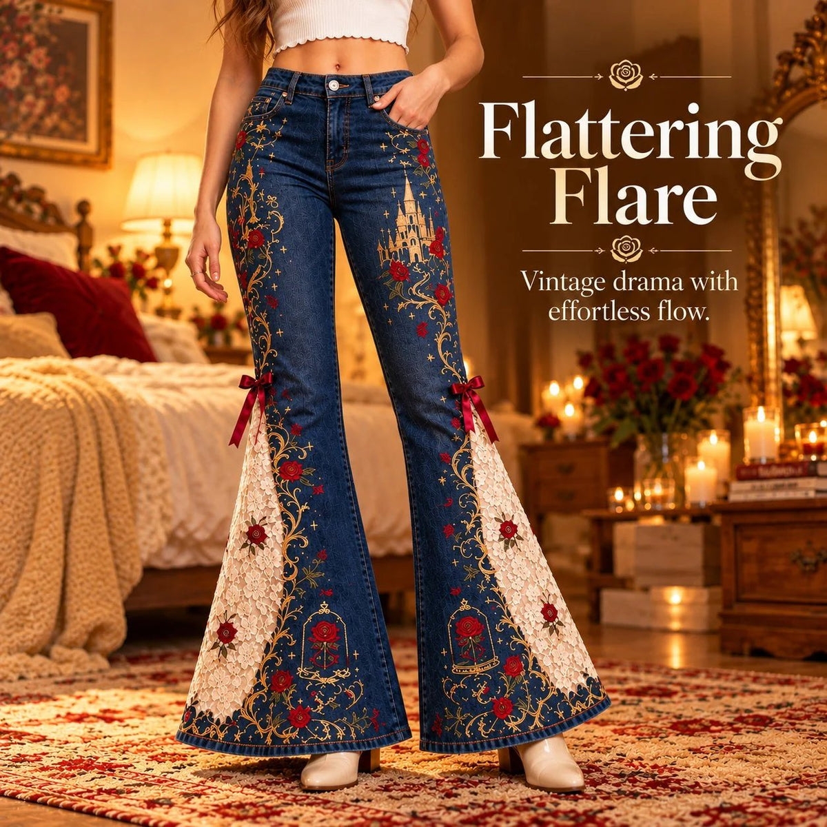 ⏳ Last Day 49% OFF – 🌹 Vintage Embroidered Flare Jeans | High-Rise Stretch Denim with Lace Panels & Floral Details ✨