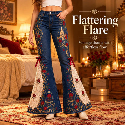 ⏳ Last Day 49% OFF – 🌹 Vintage Embroidered Flare Jeans | High-Rise Stretch Denim with Lace Panels & Floral Details ✨