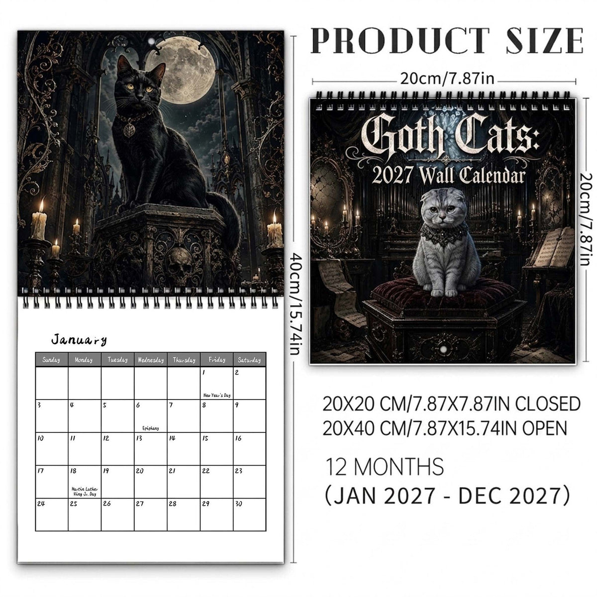 🐈‍⬛2027 Gothic Cat Wall Calendar – Dark & Mystical Cat Art Calendar for Home Decor & Cat Lovers