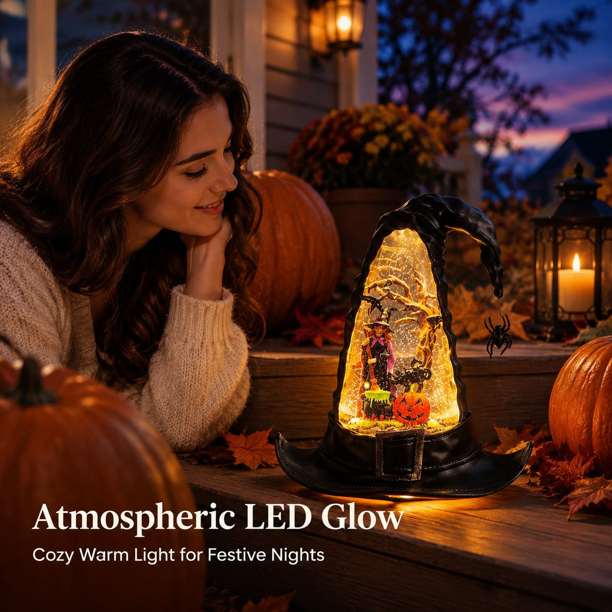 Halloween Witch Hat Lighted Water Lantern with Glitter Swirl and Festive LED Glow