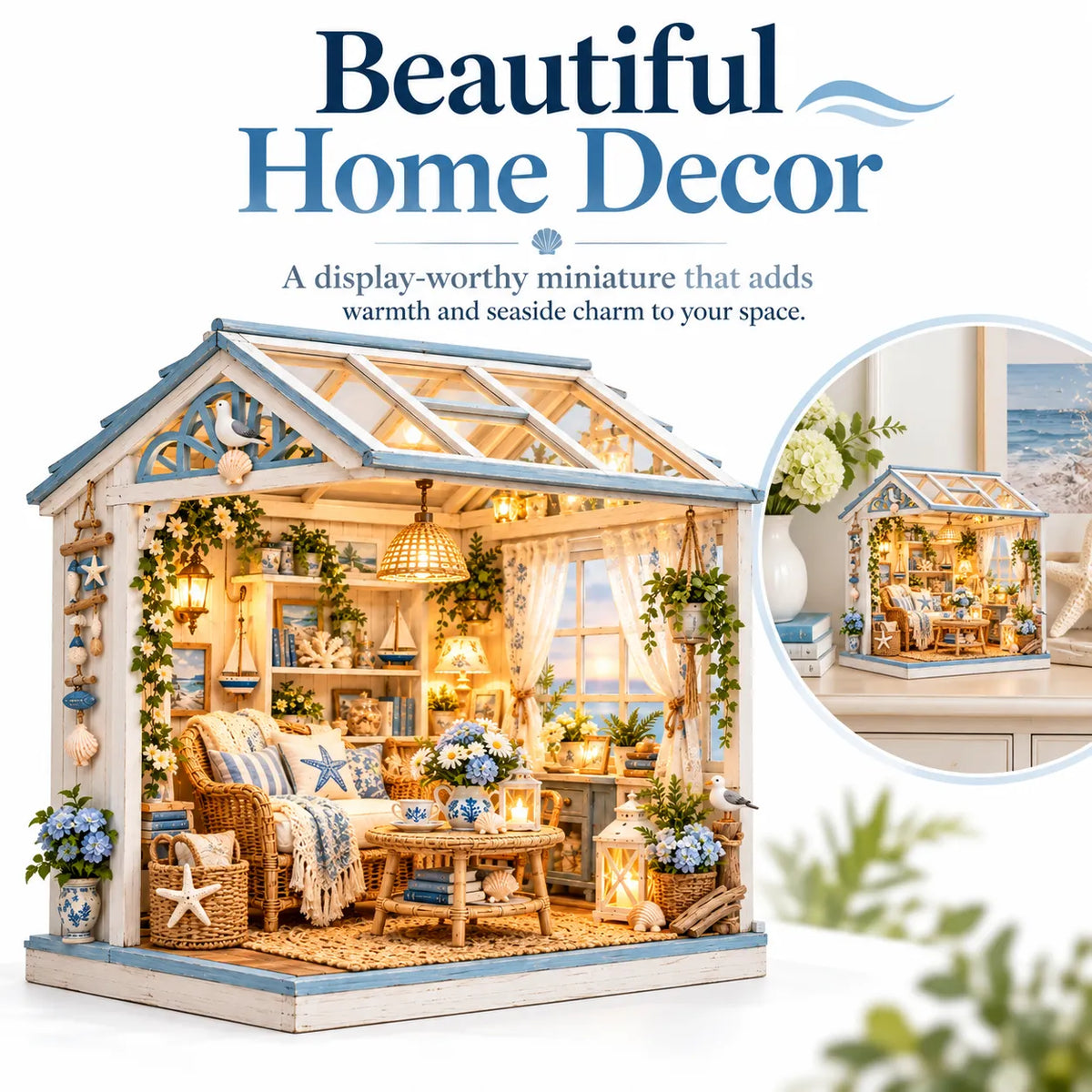 🌊 DIY Coastal Sunroom Miniature Kit | Warm LED Glow | Cozy Coastal Grandma Home Decor 🐚