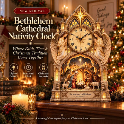 Cathedral-style Bethlehem Nativity clock – the Christmas story bathed in warm light.