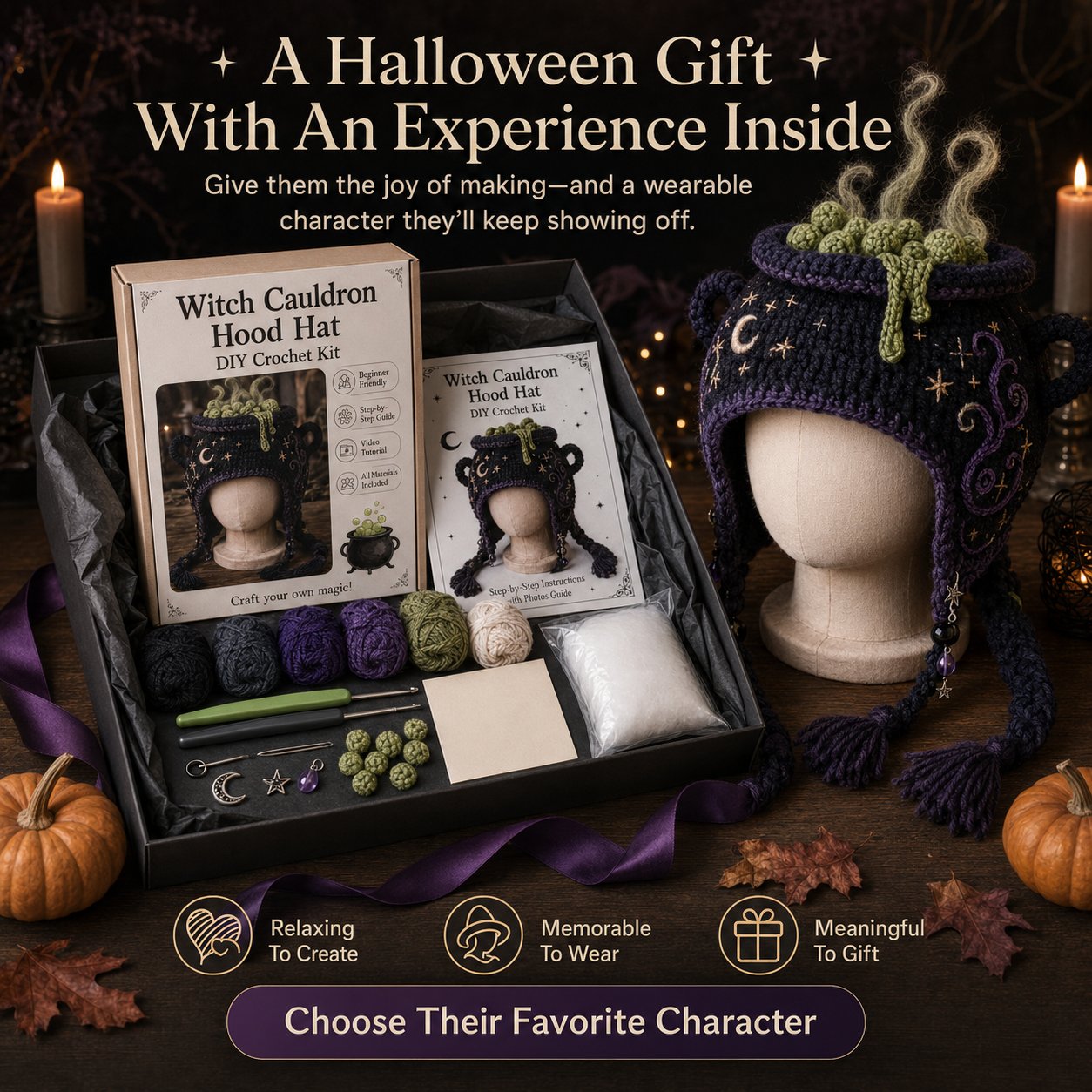 🔥 LAST DAY 49% OFF – 🎃✨ Halloween Hood Hat DIY Crochet Kit | Premium Soft Yarn Materials with Step-by-Step Guide DIY Handmade Wearable Spooky Character Hood 🧶🎭✨