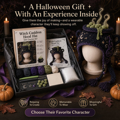 🔥 LAST DAY 49% OFF – 🎃✨ Halloween Hood Hat DIY Crochet Kit | Premium Soft Yarn Materials with Step-by-Step Guide DIY Handmade Wearable Spooky Character Hood 🧶🎭✨