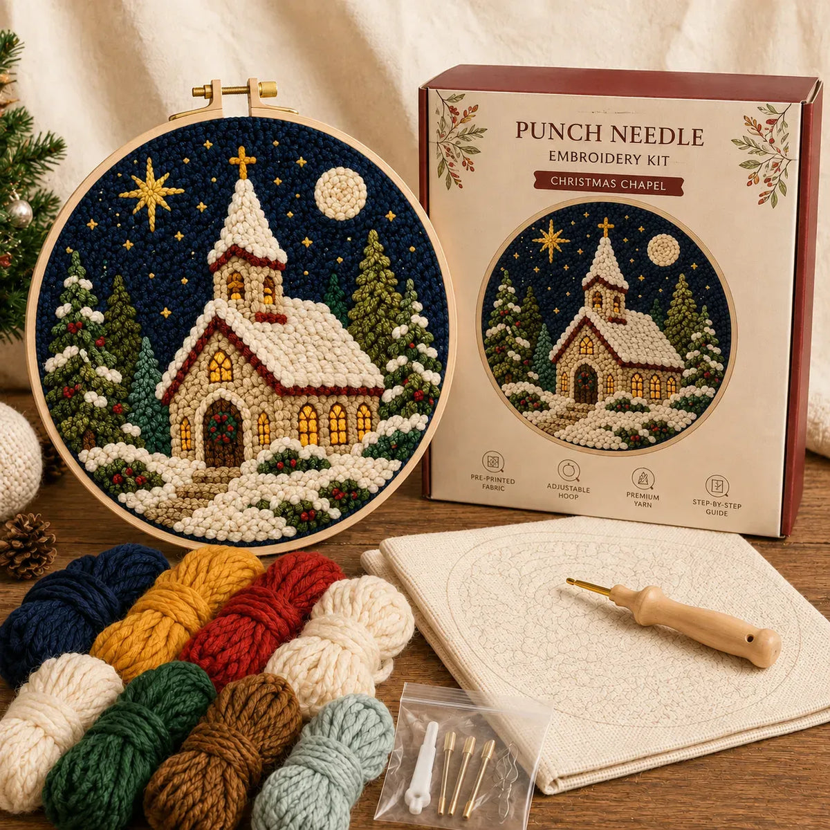 ⏳ Last Day 49% OFF – 🎄Beginner-Friendly Christmas Punch Needle DIY Kit | Complete Kit with Pre-Printed Fabric, Wooden Hoop, Thick Yarn, Punch Needle Tool & Step-by-Step Guide Included 💕