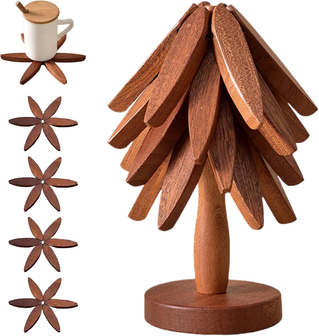 🔥Limited Time 49% Off✨Natural Tree Trivet Set - 4 Wooden Trivets & 1 Stand,Like a Christmas Tree🎄