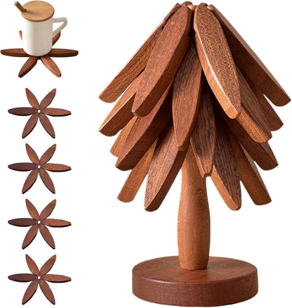 🔥Limited Time 49% Off✨Natural Tree Trivet Set - 4 Wooden Trivets & 1 Stand,Like a Christmas Tree🎄