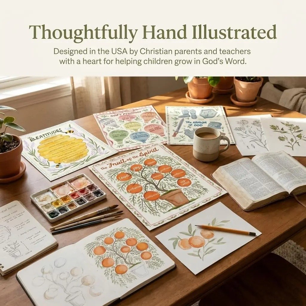 ✝️15 Pack Hand-Drawn Kids Bible Posters 📜 | Sunday School Homeschool Decor | 🙏NIV Bible Translation