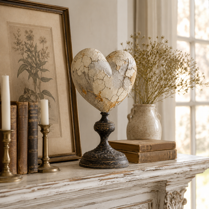 Vintage Distressed Heart Pedestal Sculpture
