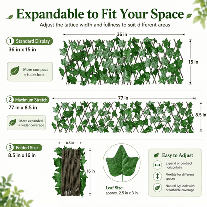 📍Extendable Simulation Rattan Fence with White Flowers Decorating Green Leaves, Stretchable Folding Design, Privacy Shielding Courtyard Balcony Walls, Artificial Green Plants