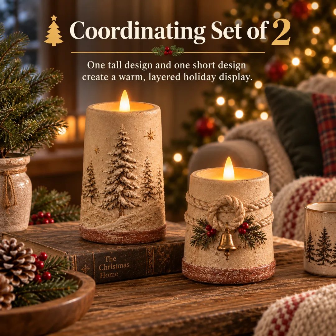 Rustic Christmas Flameless LED Candle Décor – Set of 2