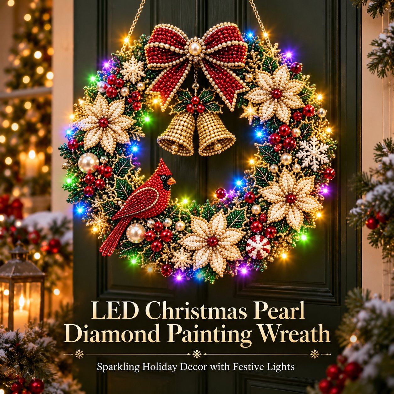 LED Weihnachts-Perlen-Diamantbild – Funkelnde Weihnachtskranz-Dekoration mit 19 Motiven