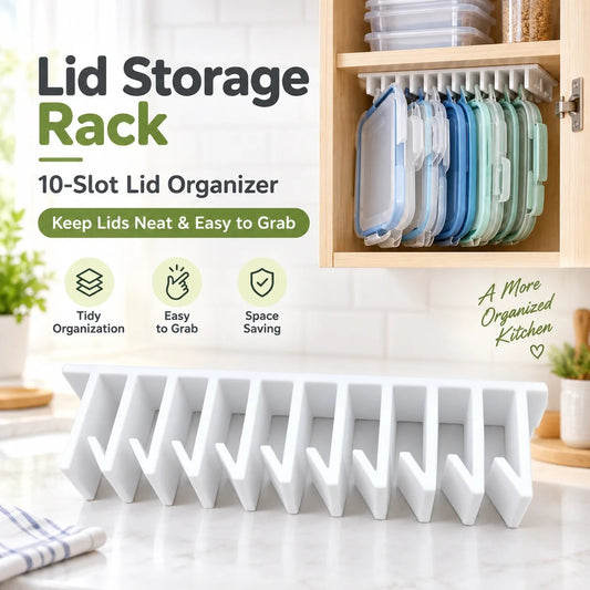 10-Slot Lid Organizer – Kitchen Cabinet & Wall Mount Storage Holder
