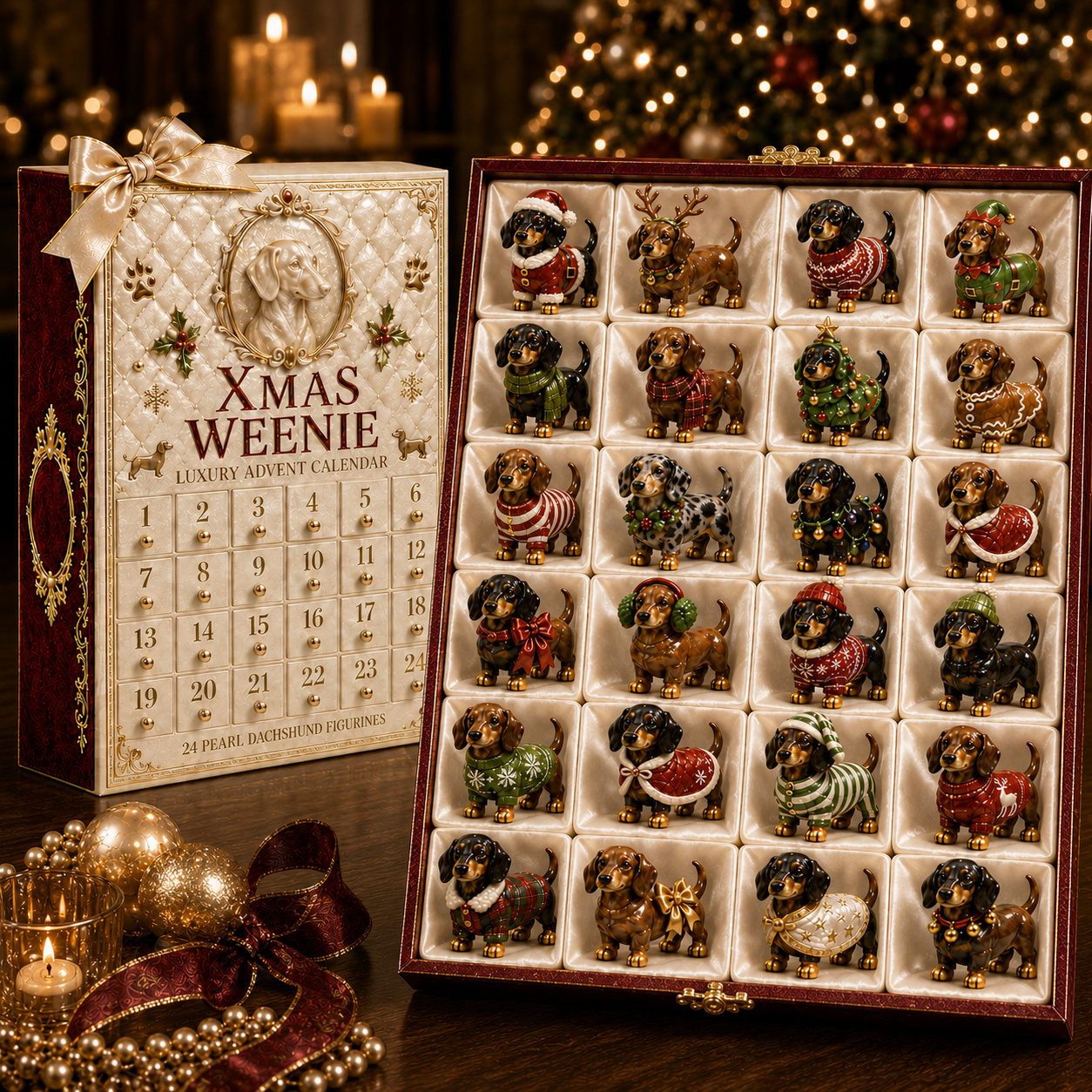 Open Dachshund Advent Calendar showing festive figurines