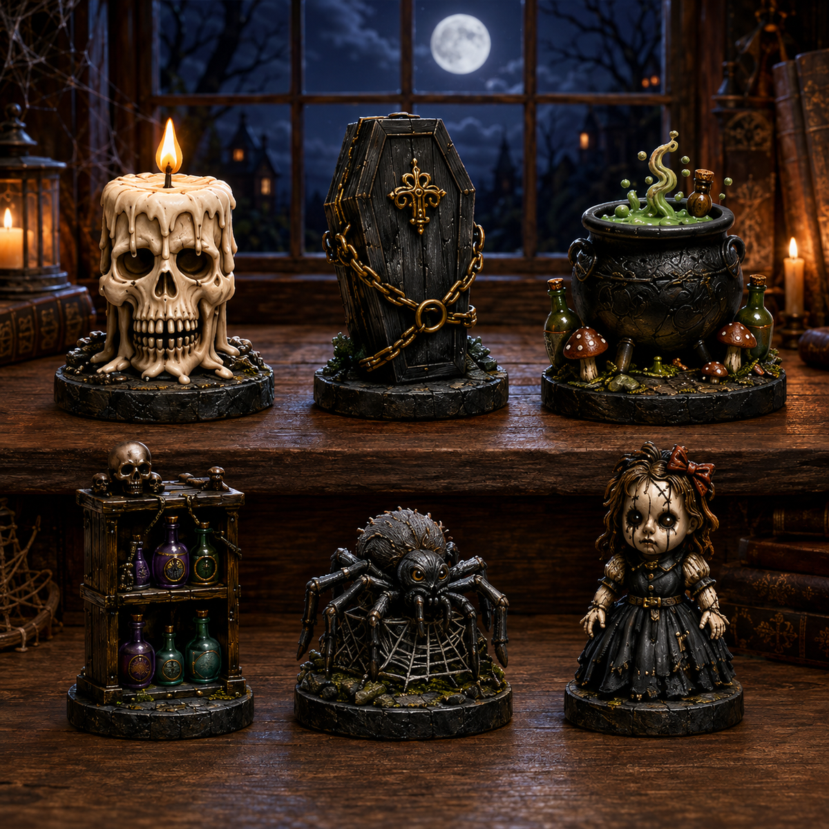 Skull candle coffin potion spider and doll