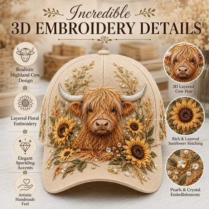 🔥LAST DAY 50% OFF -- 🦬3D Highland Cow Embroidery Cap🧢(Breathable & Lightweight Comfort & Unisex Fit)
