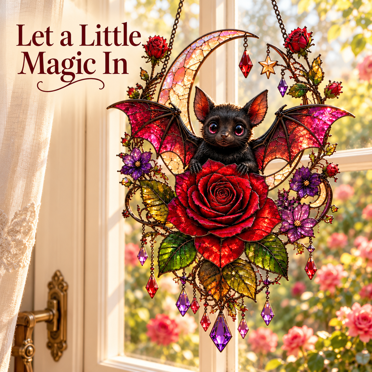 Bat rose crescent moon decor hanging by bright floral window