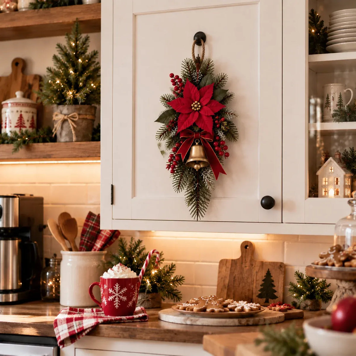 🔥🎁Classic Red Poinsettia Christmas Door Swag