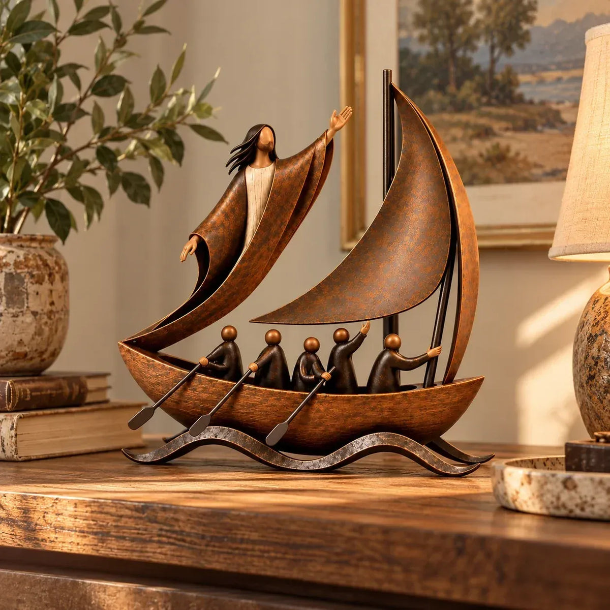 ⛵ Faith-Inspired Sailing Boat Sculpture | Bronze-Tone Décor with Symbolic Figures & Timeless Detail ✨