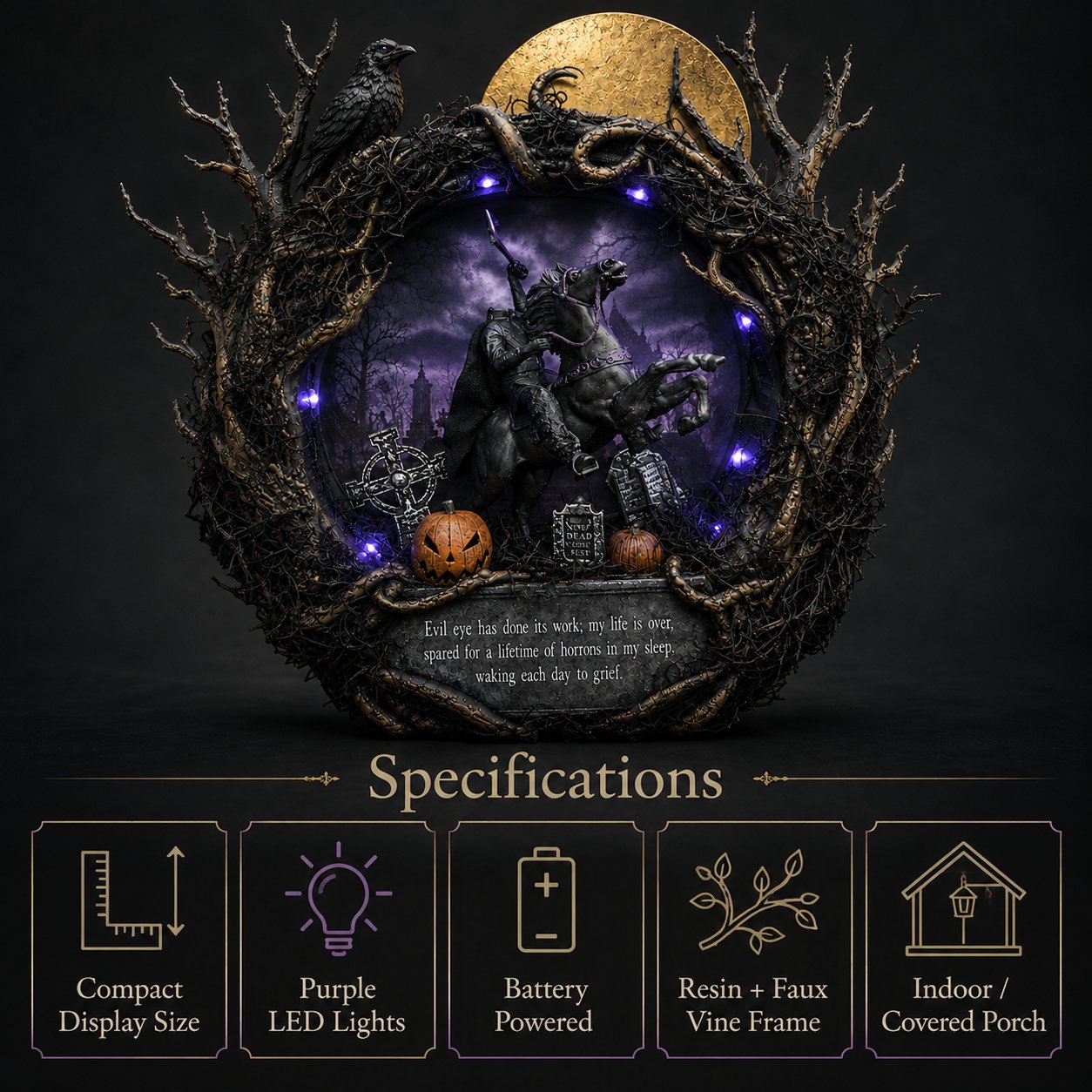 🦇Gothic Handcrafted Headless Horseman Mini Wreath With LED Purple Lights🎃