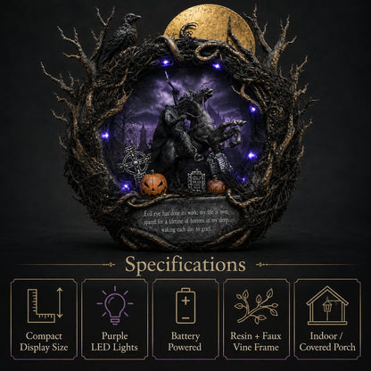🦇Gothic Handcrafted Headless Horseman Mini Wreath With LED Purple Lights🎃