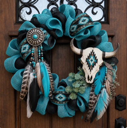 Bohemian-style cow skull and feather door knocker decoration