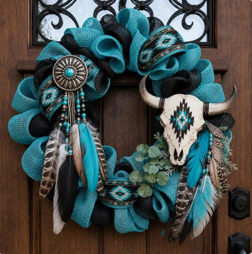 Bohemian-style cow skull and feather door knocker decoration