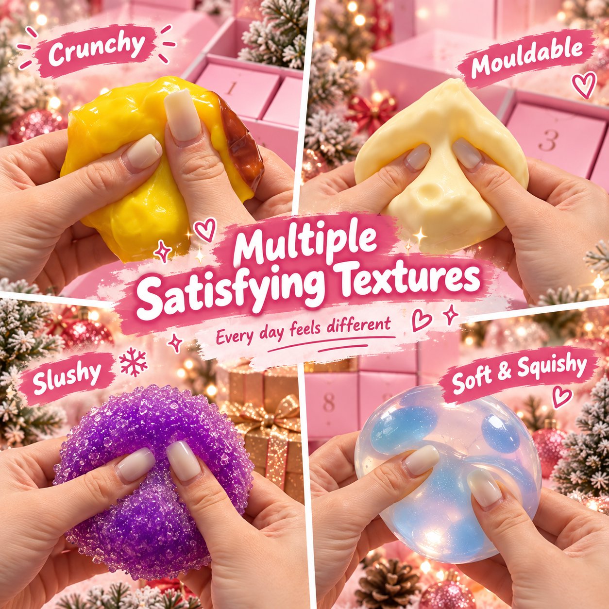 Hands squeezing four tactile squishy styles labelled crunchy, mouldable, slushy and soft and squishy.