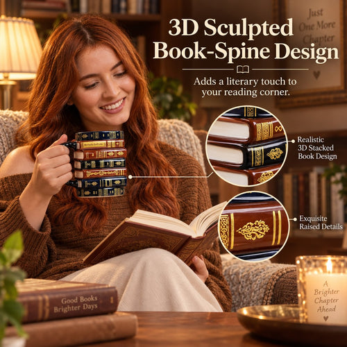 📚 ✨ 3D Stacked Vintage Book Mug: Cozy Library Style Coffee Cup for Book Lovers, Reading Nook & Home Desk