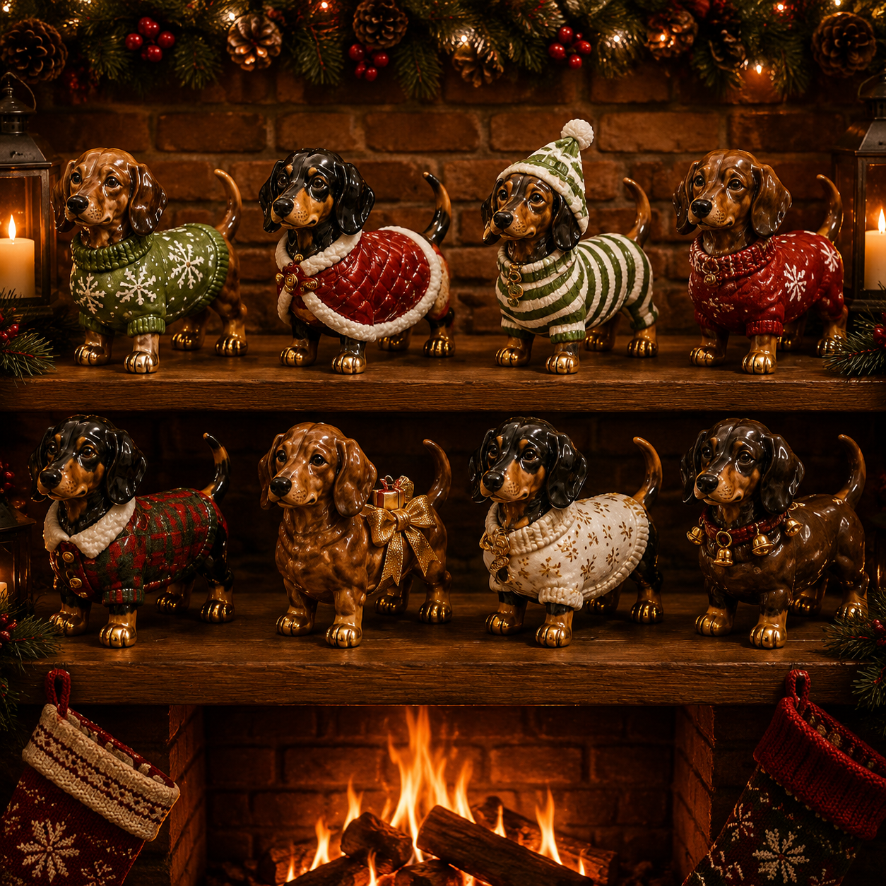 Festive Dachshund figurines displayed on a Christmas fireplace mantel