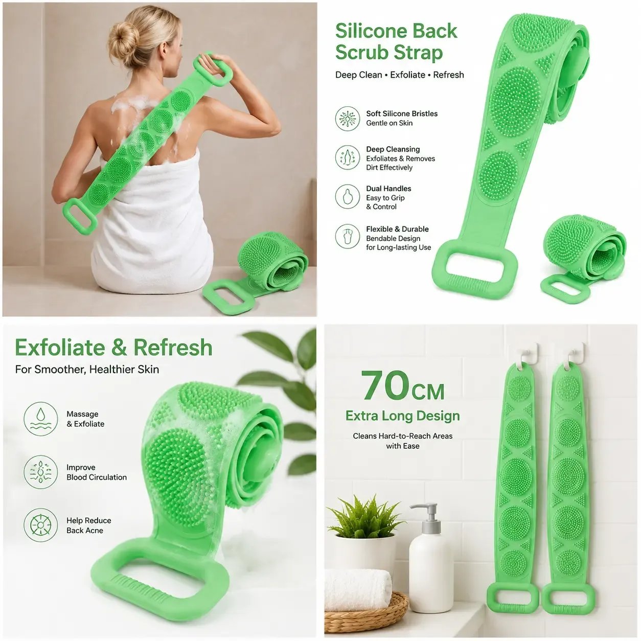 🛁 Silicone Bath Brush Back Scrubber with Handles – Double-Sided Exfoliating Shower Body Brush with Mesh Sponge for Deep Cleaning