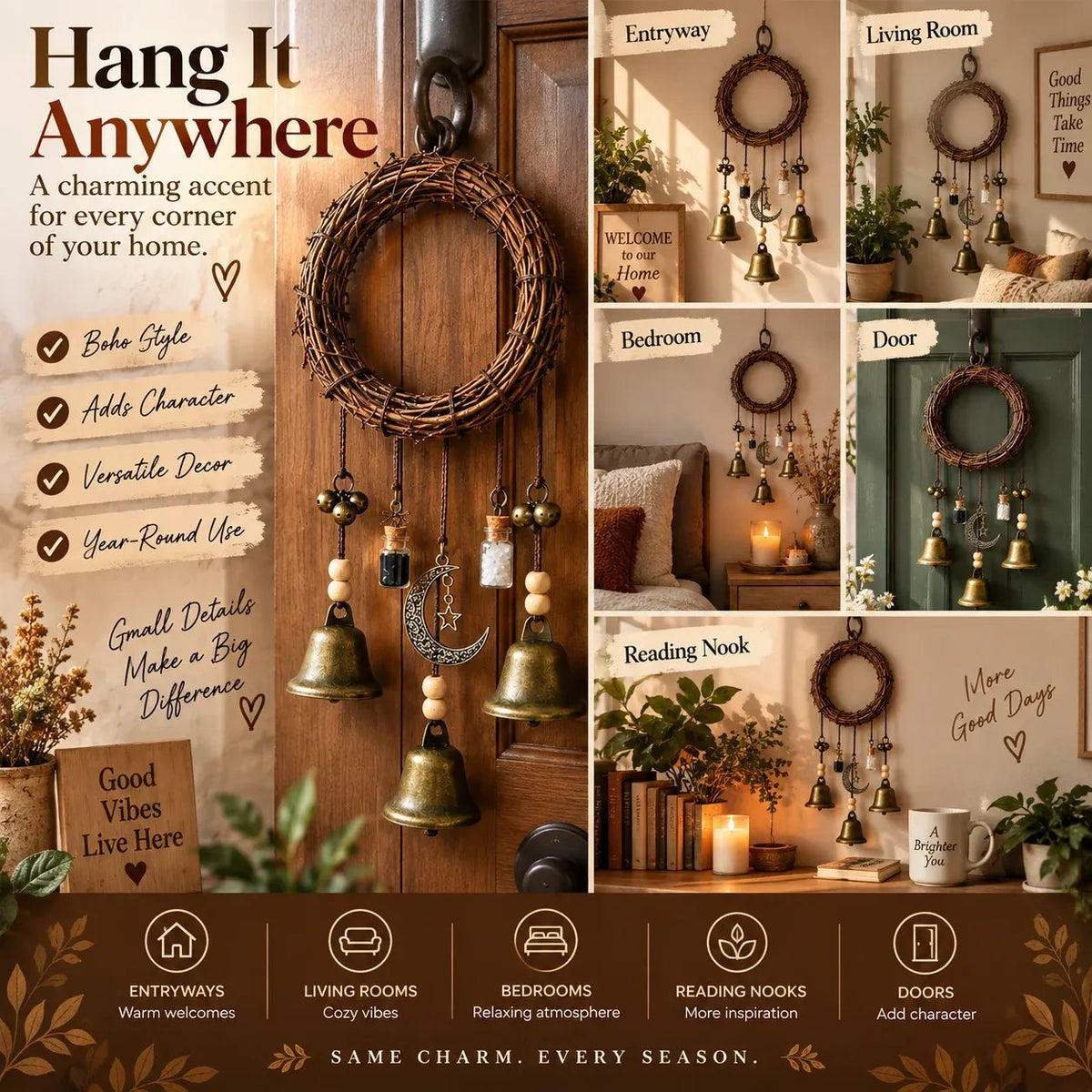 🌙🔔 Boho Moon & Bell Hanging Decor – Rustic Celestial Charm
