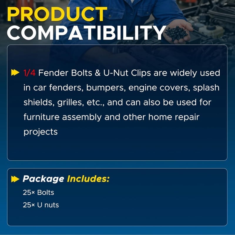 Automotive Universal Screws Black — —  1/4 Body Bolts & U-Nut Clips Kit(50 PCS)