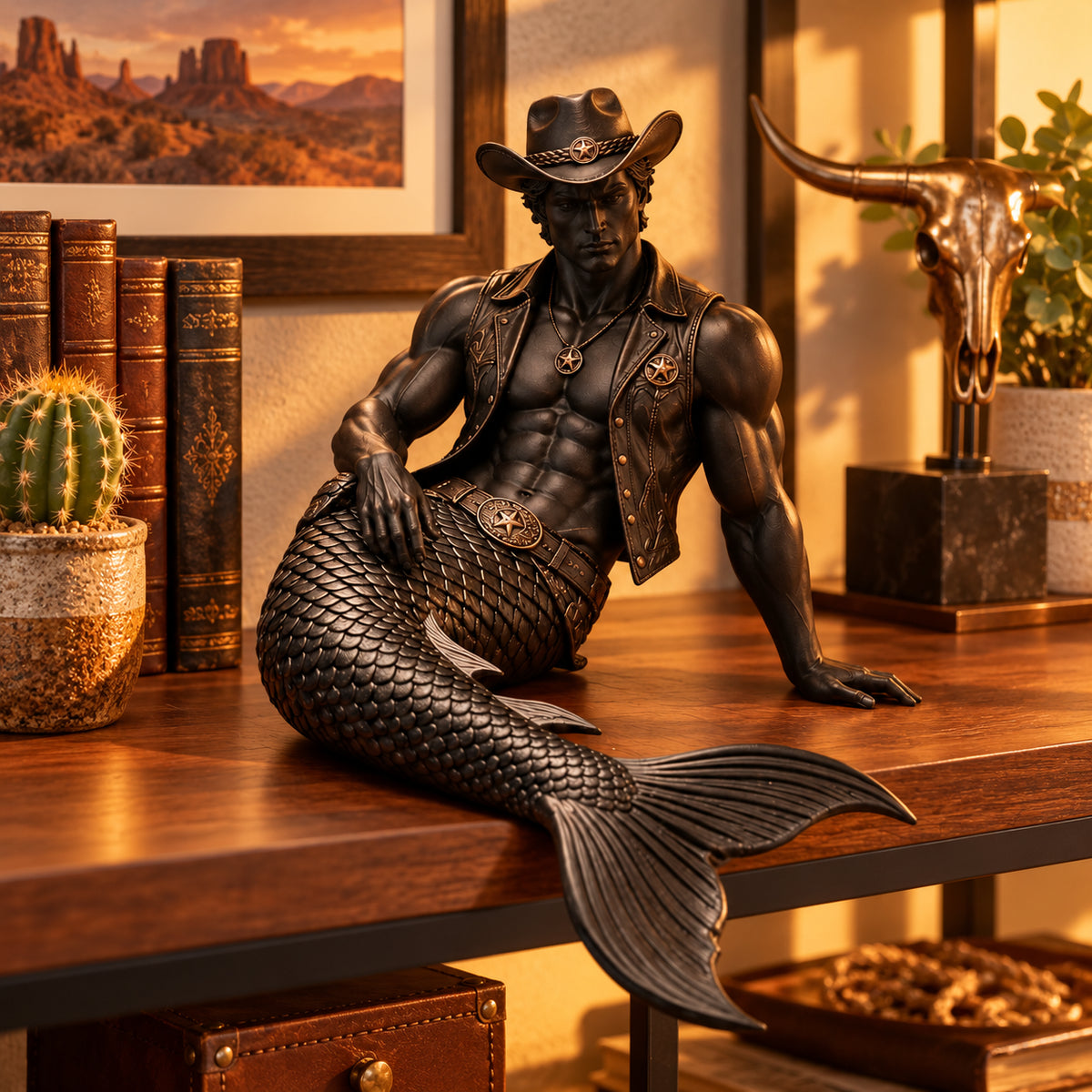 🤠🧜‍♂️⭐ Western Cowboy Merman Figurine | Muscular Mermaid Cowboy Sculpture, Rustic Ranch & Coastal Fantasy Home Décor