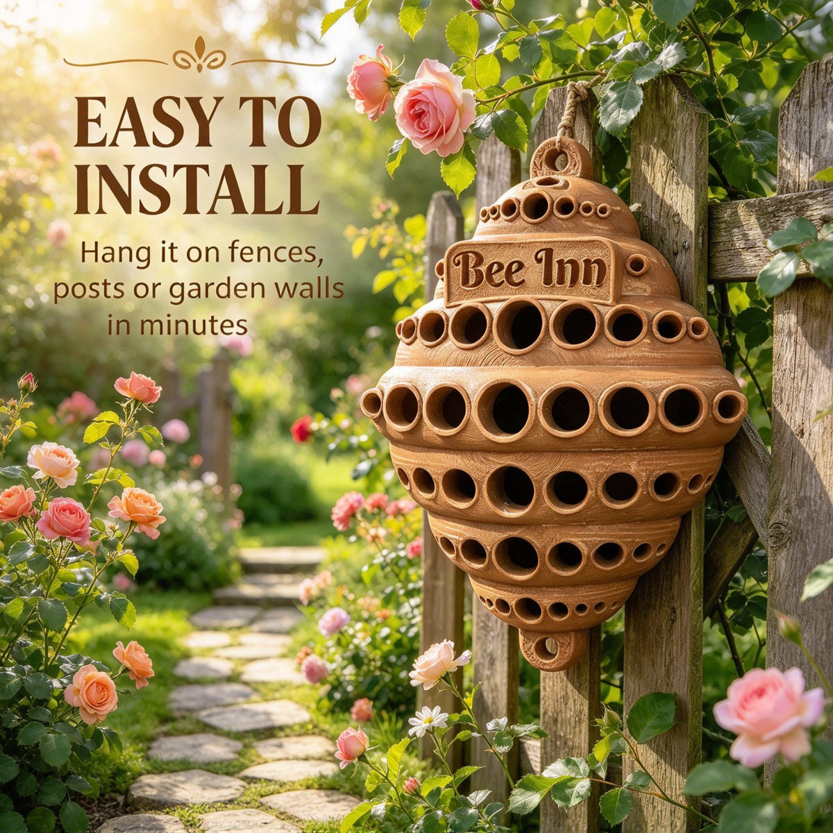 🐝 Bee Inn Hanging Bee Hotel | Rustic Solitary Bee House Pollinator Nesting Shelter for Garden Decor