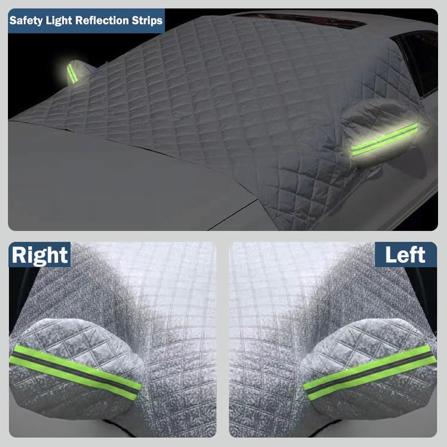Reflective strips on windshield cover side mirror protectors at night