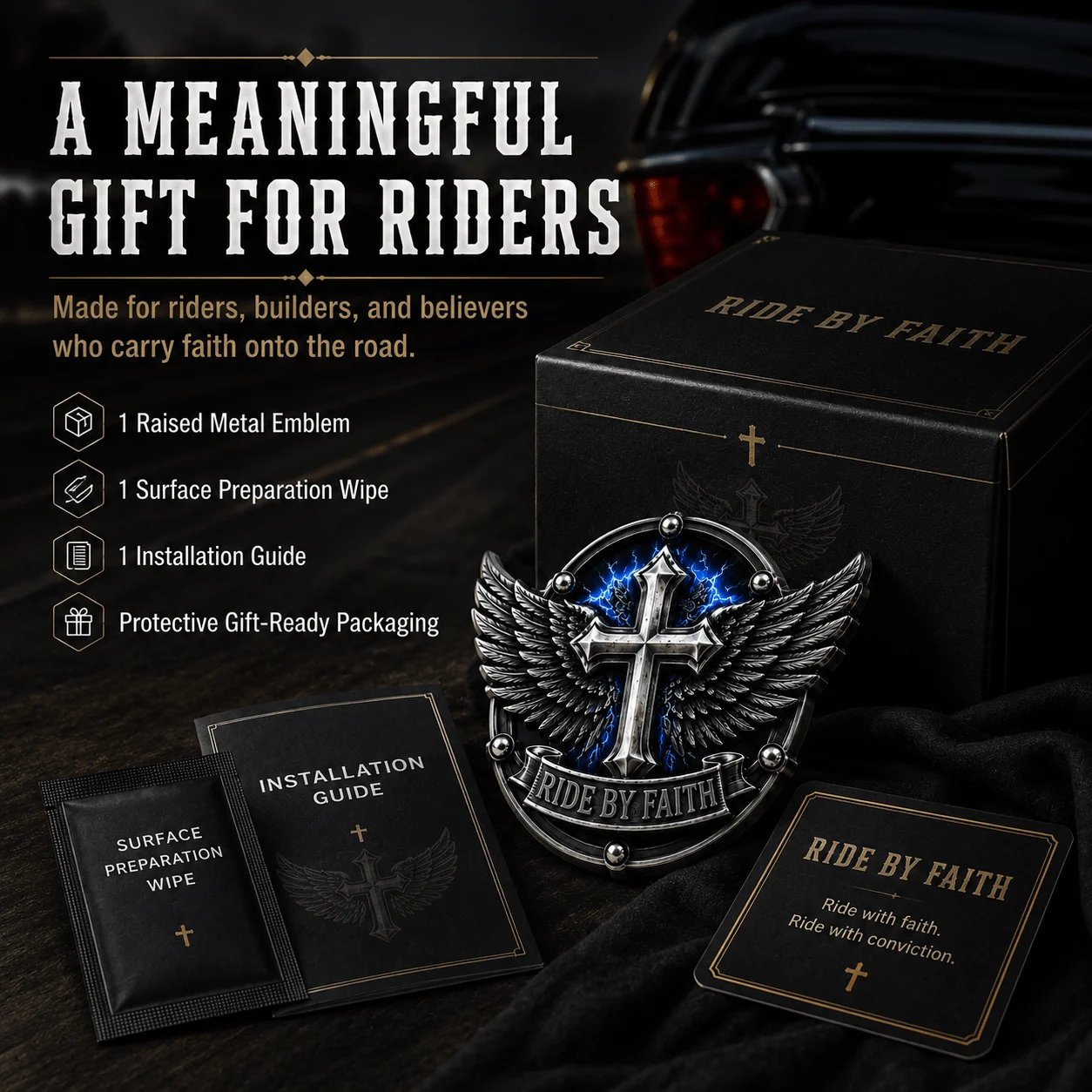 🏍️Ride By Faith Winged Cross Metal Emblem