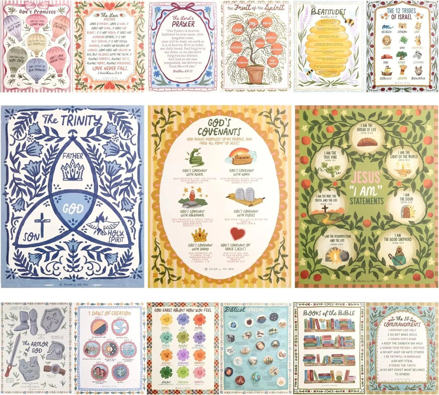 ✝️15 Pack Hand-Drawn Kids Bible Posters 📜 | Sunday School Homeschool Decor | 🙏NIV Bible Translation