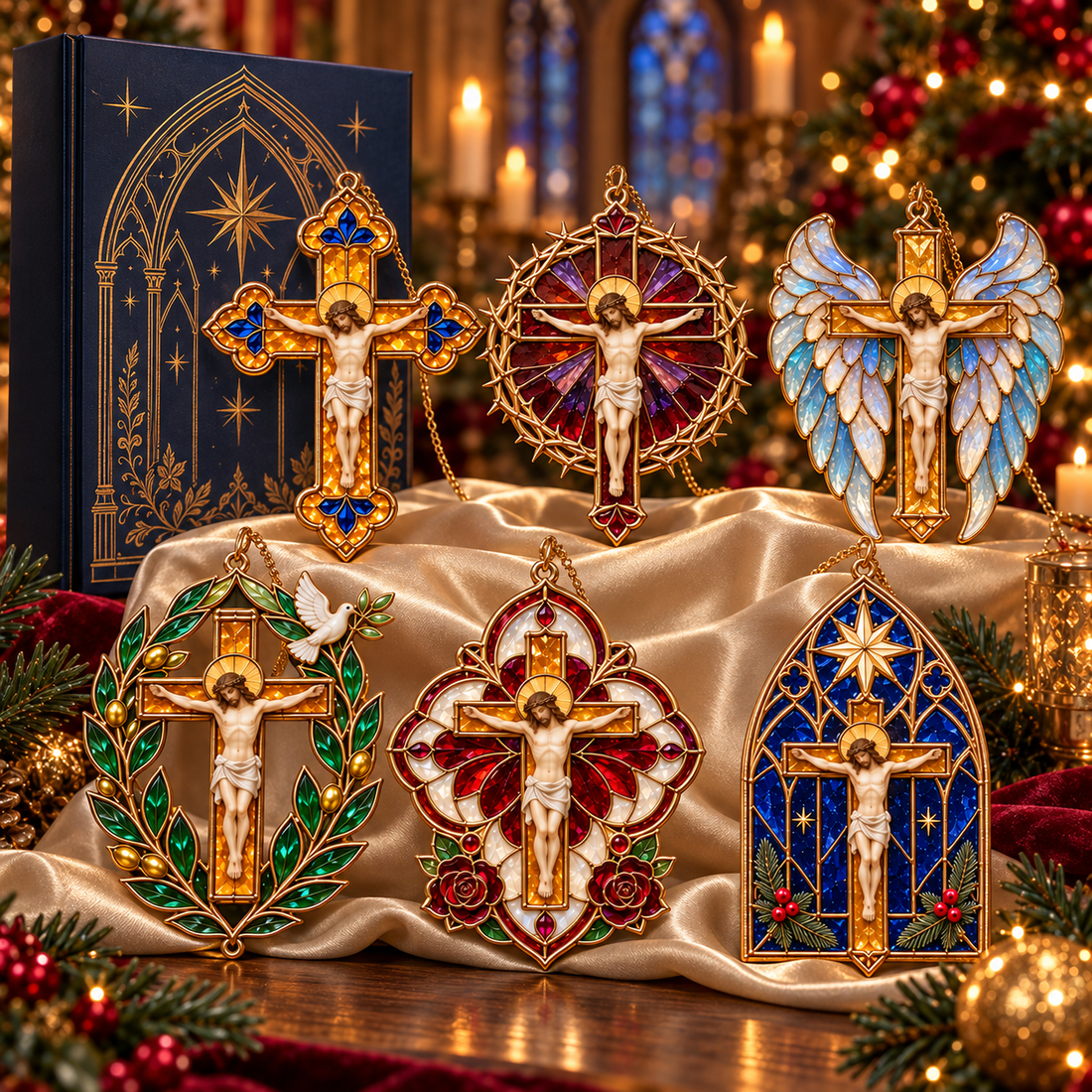 Colorful stained-glass-inspired crucifix Christmas ornament