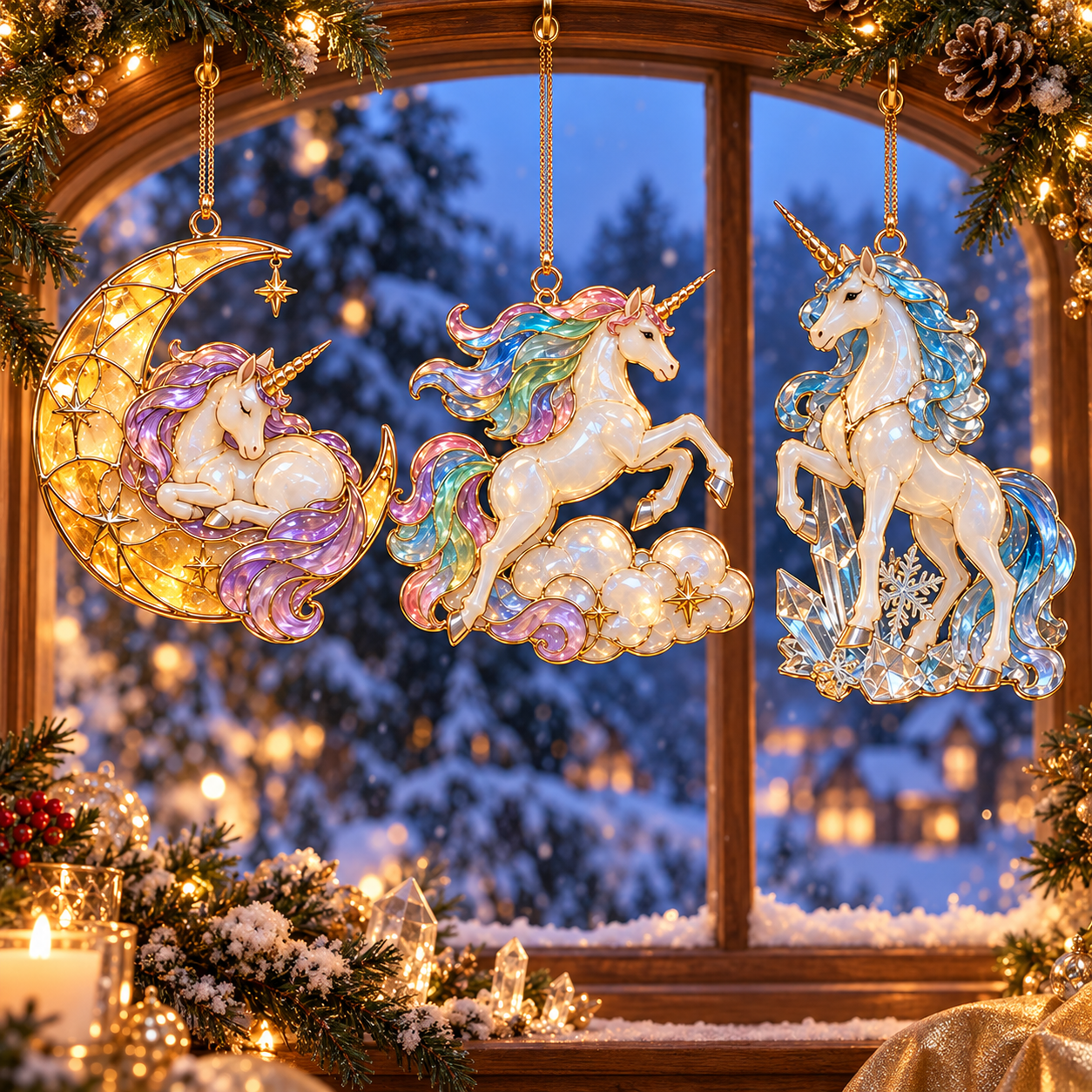 Unicorn ornaments hanging by gold-tone chains near a snowy Christmas window