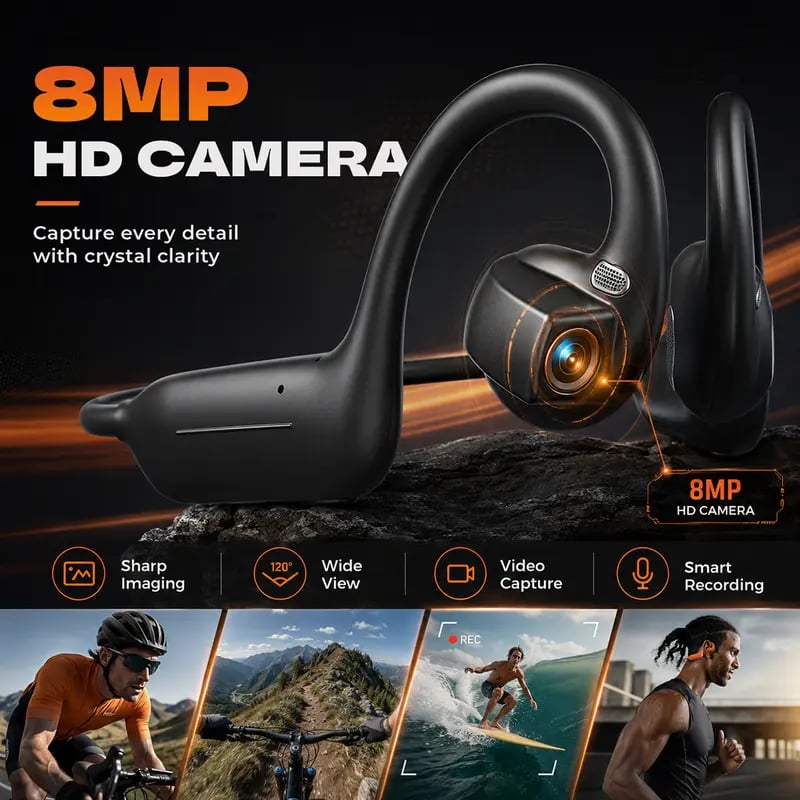 🎧 E12 Bone Conduction Open-Ear Audio Glasses with 8MP HD EIS Camera – 160+ Language AI Translation, Bluetooth Sports Headset & IP56 Waterproof Wearable for Cycling, Vlogging & Action Video