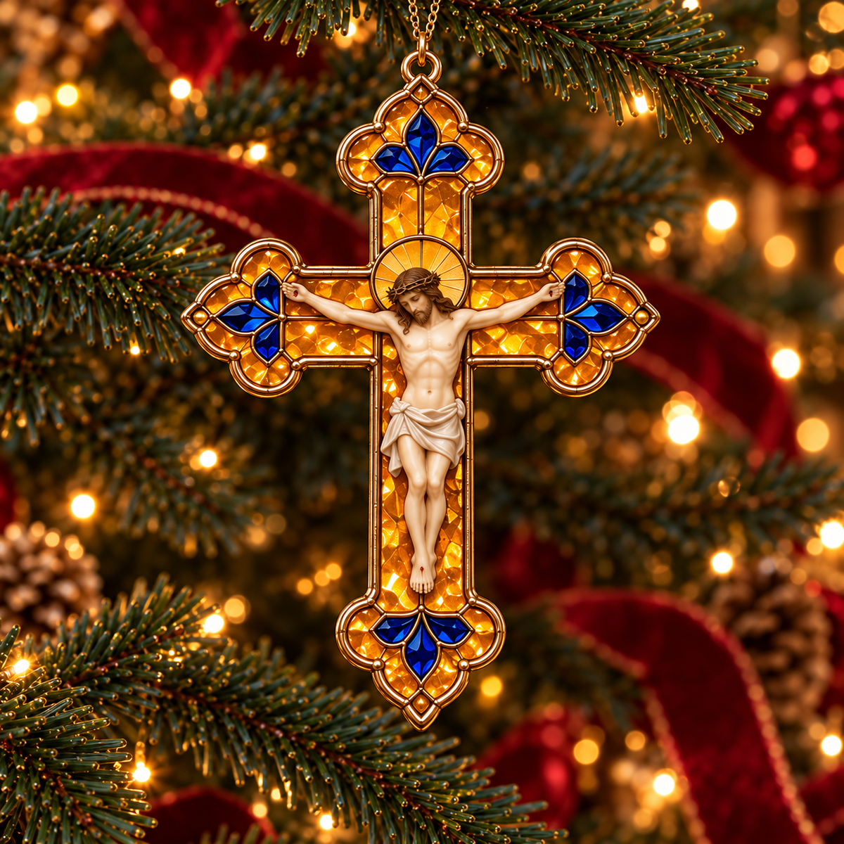 2026 Sacred Light — Vintage Stained Glass–Style Crucifix Christmas Ornaments | Set of 6