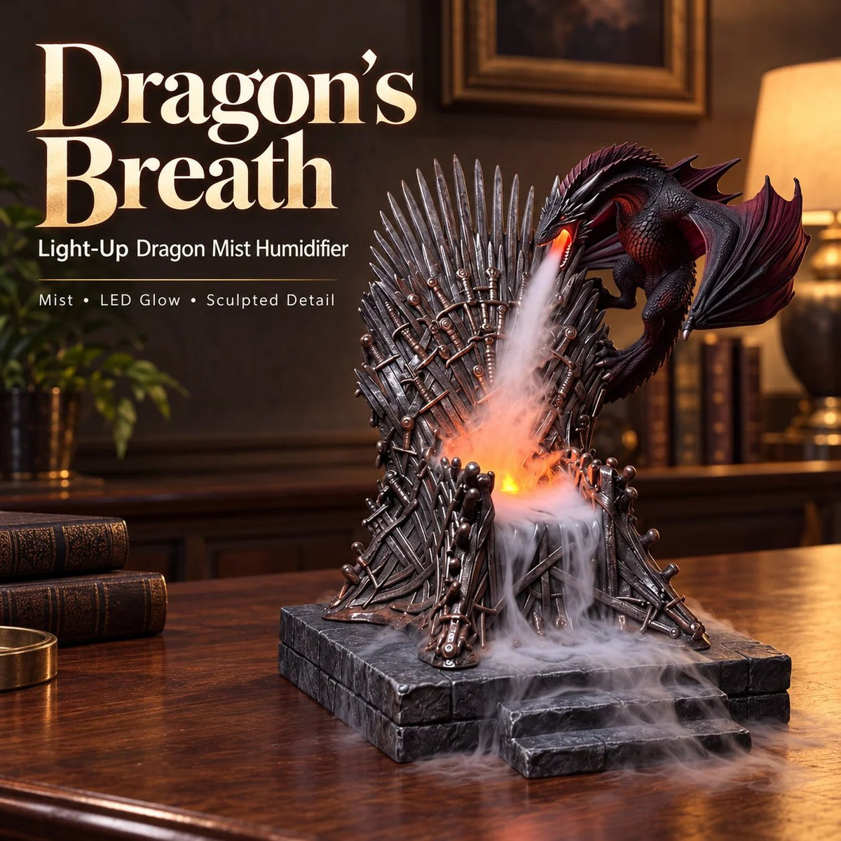 🐉 Dragon’s Breath Mist Diffuser – LED Fantasy Throne Decoration