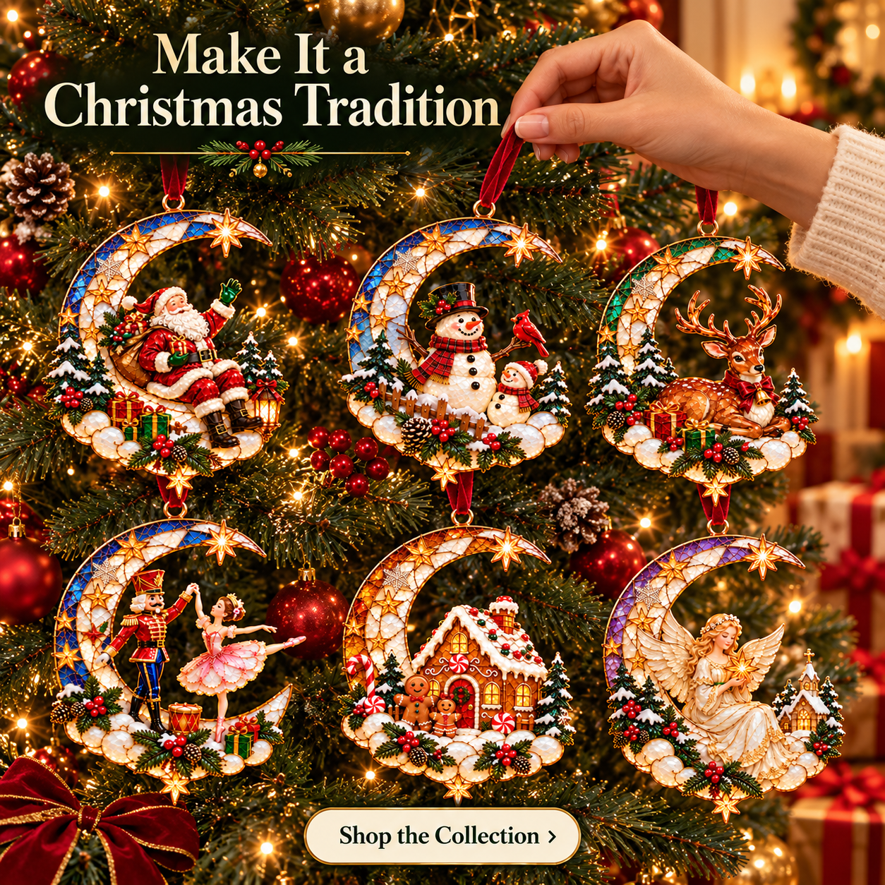 Christmas crescent moon ornaments decorating holiday tree