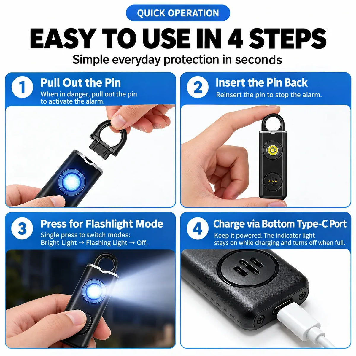 🚨 130dB Personal Safety Alarm 🔦 Rechargeable LED Emergency Alarm Keychain